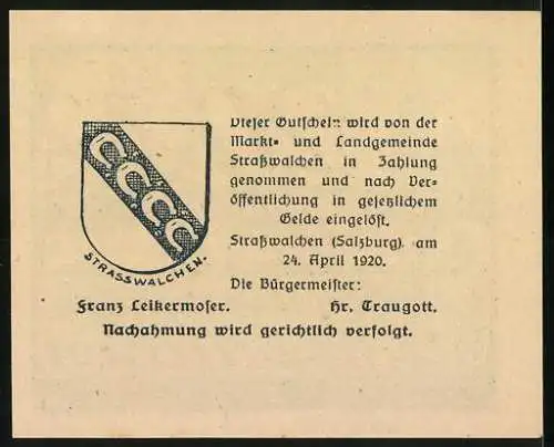 Notgeld Strasswalchen 1920, 20 Heller, Kirche und Denkmal, Wappen, Seriennummer