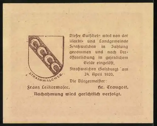 Notgeld Strasswalchen 1920, 50 Heller, Kirche und Denkmal, Wappen Strasswalchen