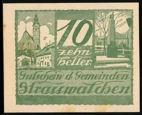 Notgeld Strasswalchen 1920, 10 Heller, Kirche und Denkmal, Wappen mit Hufeisen