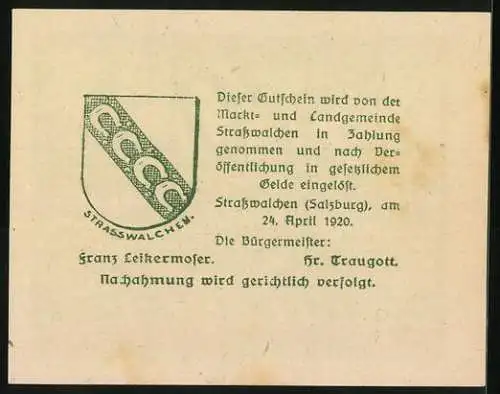 Notgeld Strasswalchen 1920, 10 Heller, Kirche und Denkmal, Wappen mit Hufeisen