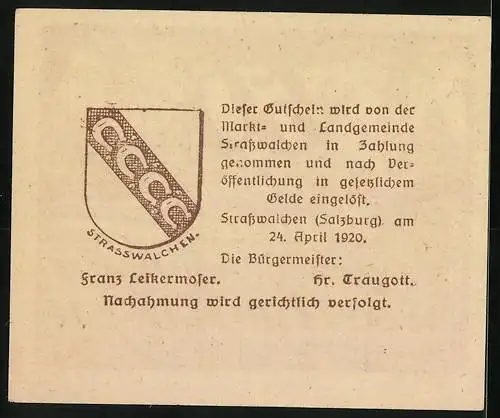 Notgeld Strasswalchen 1920, 50 Heller, Kirche und Denkmal, Wappen