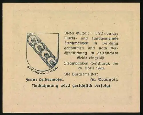 Notgeld Strasswalchen 1920, 20 Heller, Kirche und Denkmal, mit Wappen und Unterschriften