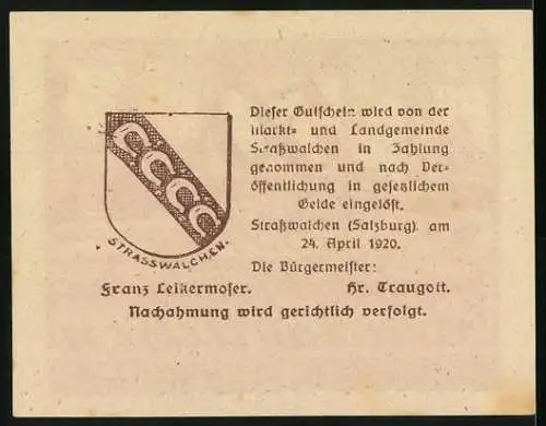 Notgeld Strasswalchen 1920, 50 Heller, Kirche und Denkmal, mit Gemeindewappen