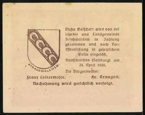 Notgeld Strasswalchen 1920, 50 Heller, Kirche und Denkmal, Wappen und Bürgermeisterunterschriften