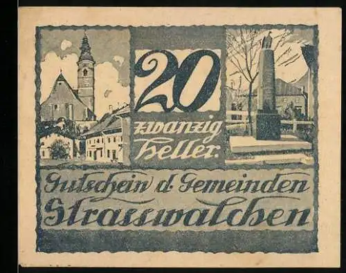 Notgeld Strasswalchen 1920, 20 Heller, Kirche und Denkmal, Wappen mit vier Mondsicheln