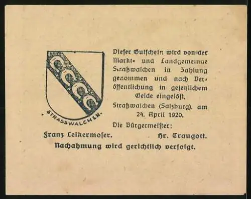 Notgeld Strasswalchen 1920, 20 Heller, Kirche und Denkmal, Wappen mit vier Mondsicheln