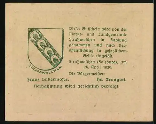 Notgeld Strasswalchen 1920, 10 Heller, Kirche und Denkmal, Wappen vorhanden