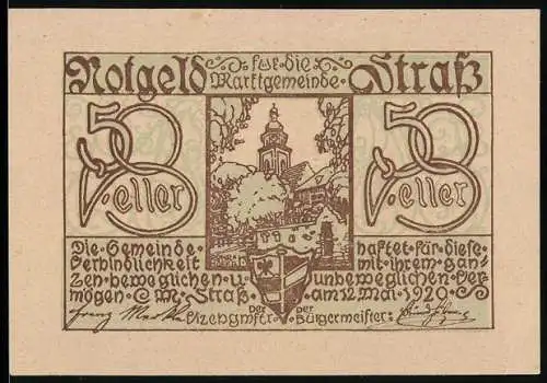 Notgeld Strass 1920, 50 Heller, Kirche und Landschaft mit Wappen