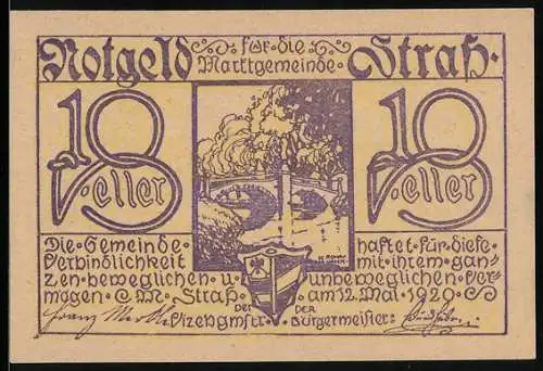 Notgeld Strass 1920, 10 Heller, Brücke mit Rauch und Wappen, lila Schrift