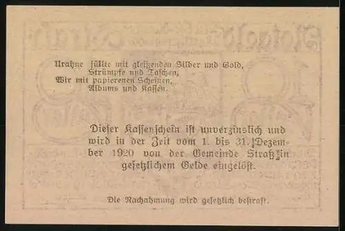 Notgeld Strass 1920, 10 Heller, Brücke mit Rauch und Wappen, lila Schrift