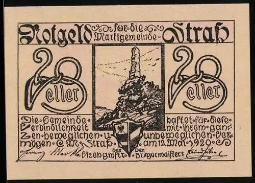 Notgeld Strass 1920, 20 Heller, Ruine Falkenstein mit Wappen und Inschrift