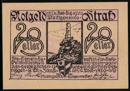 Notgeld Strass 1920, 20 Heller, mit Ruine Falkenstein und Wappen