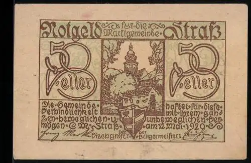 Notgeld Strass 1920, 50 Heller, Kirche und Wappen der Marktgemeinde Strass