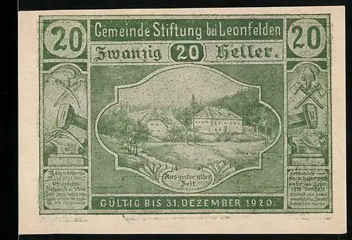 Notgeld Leonfelden 1920, 20 Heller, Landschaftsmotiv mit Gebäuden und Handwerkssymbolen