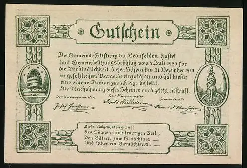 Notgeld Leonfelden 1920, 20 Heller, Landschaftsmotiv mit Gebäuden und Handwerkssymbolen