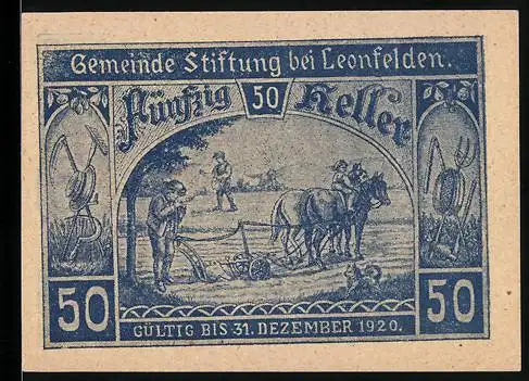 Notgeld Leonfelden 1920, 50 Heller, Pflügende Bauern und landwirtschaftliche Symbole