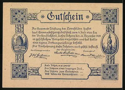 Notgeld Leonfelden 1920, 50 Heller, Pflügende Bauern und landwirtschaftliche Symbole