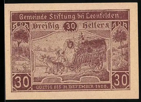 Notgeld Leonfelden 1920, 30 Heller, Heuwagen mit Ochsen und ländliche Szenen, Bienenstock und Statue