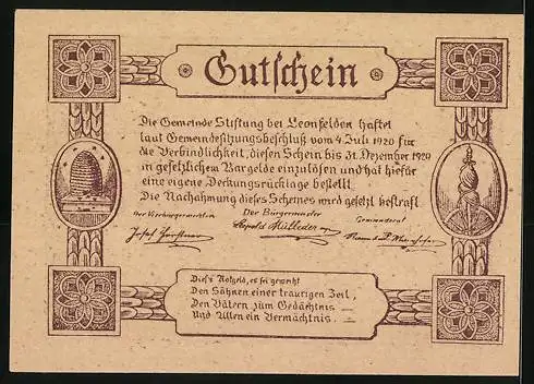 Notgeld Leonfelden 1920, 30 Heller, Heuwagen mit Ochsen und ländliche Szenen, Bienenstock und Statue