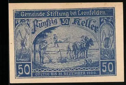 Notgeld Leonfelden 1920, 50 Heller, Pferdepflug und landwirtschaftliche Szene