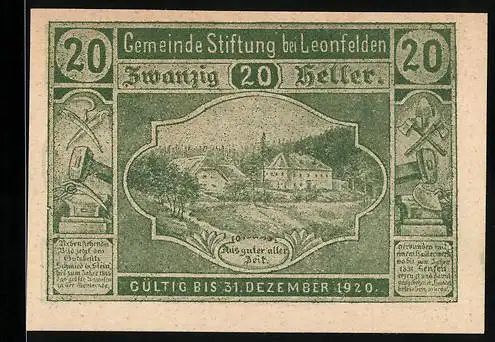 Notgeld Leonfelden 1920, 20 Heller, Landschaft mit Gebäuden und Biene sowie Ritterhelm-Motiven