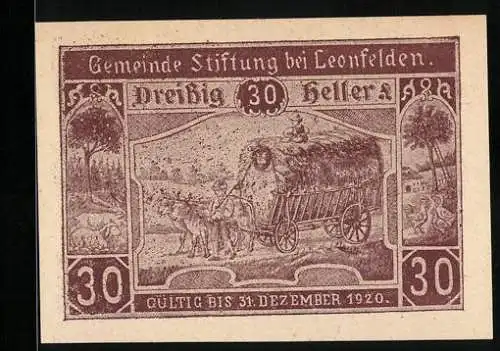 Notgeld Leonfelden 1920, 30 Heller, Pferdegespann mit Heuwagen, Bienenkorb und Statue