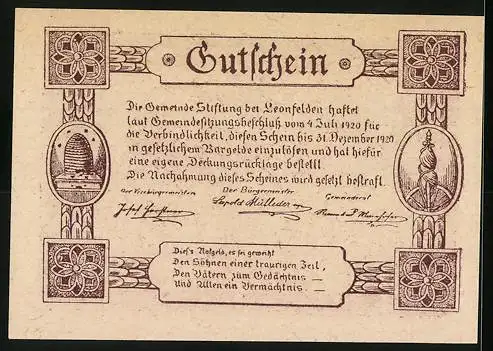 Notgeld Leonfelden 1920, 30 Heller, Pferdegespann mit Heuwagen, Bienenkorb und Statue