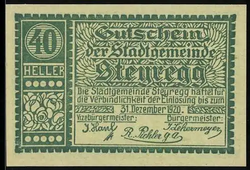 Notgeld Steyregg 1920, 40 Heller, Gutschein mit Landschaftsmotiv und Unterschriften der Bürgermeister