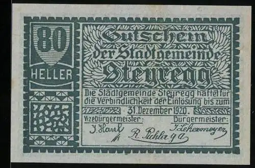 Notgeld Steyregg 1920, 80 Heller, historische Stadtansicht von Steyregg 1677, Signaturen von Bürgermeistern