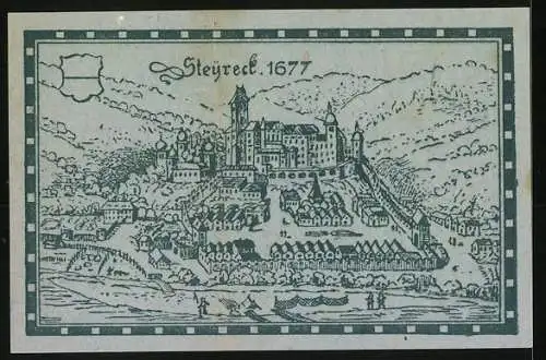 Notgeld Steyregg 1920, 80 Heller, historische Stadtansicht von Steyregg 1677, Signaturen von Bürgermeistern