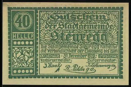 Notgeld Steyregg 1920, 40 Heller, ländliche Szene mit Gebäuden und Feldern