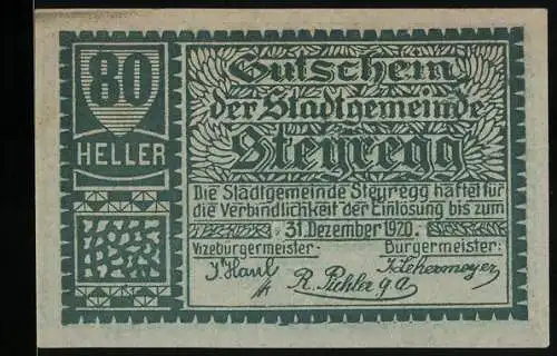 Notgeld Steyregg, 80 Heller, Stadtansicht von Steyregg 1677, mit Unterschriften und Verzierung