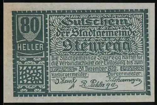 Notgeld Steyregg 1920, 80 Heller, Stadtansicht von 1677, florales Muster