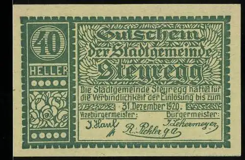 Notgeld Steyregg 1920, 40 Heller, Landschaftsmotiv mit Gebäude und Feldern