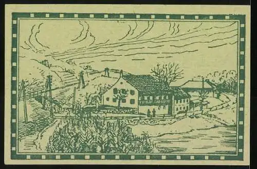 Notgeld Steyregg 1920, 40 Heller, Landschaftsmotiv mit Gebäude und Feldern