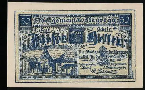 Notgeld Steyregg 1920, 50 Heller, Stadtansicht mit Schriftzug und Gedicht