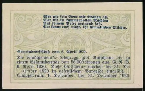 Notgeld Steyregg 1920, 50 Heller, Stadtansicht mit Schriftzug und Gedicht