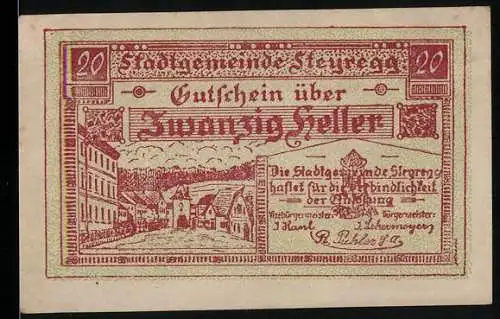 Notgeld Steyregg 1920, 20 Heller, Stadtansicht mit Gebäuden und Landschaft, Ausgabeinformationen und Bedingungen