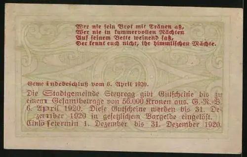 Notgeld Steyregg 1920, 20 Heller, Stadtansicht mit Gebäuden und Landschaft, Ausgabeinformationen und Bedingungen