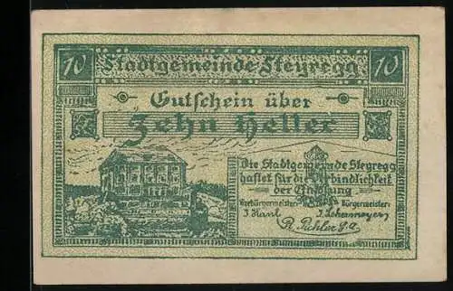 Notgeld Steyregg 1920, 10 Heller, historische Gebäudeansicht und Gemeindebeschluss