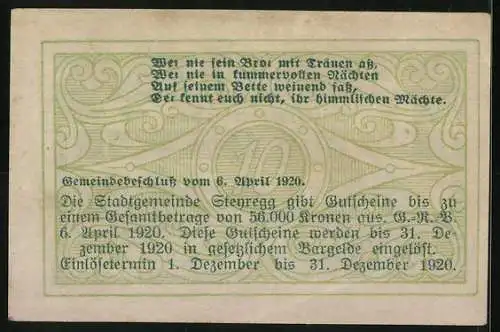 Notgeld Steyregg 1920, 10 Heller, historische Gebäudeansicht und Gemeindebeschluss