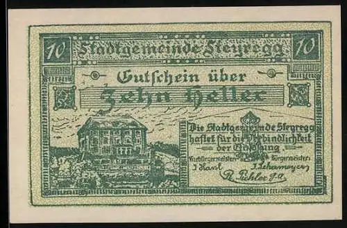 Notgeld Steyregg 1920, 10 Heller, Gebäudeansicht und poetischer Text