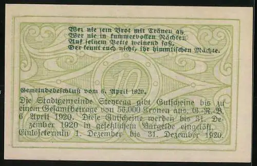 Notgeld Steyregg 1920, 10 Heller, Gebäudeansicht und poetischer Text