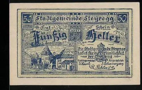 Notgeld Steyregg 1920, 50 Heller, Stadtansicht mit Gedicht, Seriennummer und Gemeindebeschluss