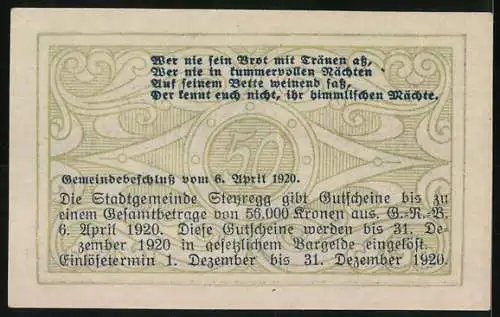 Notgeld Steyregg 1920, 50 Heller, Stadtansicht mit Gedicht, Seriennummer und Gemeindebeschluss