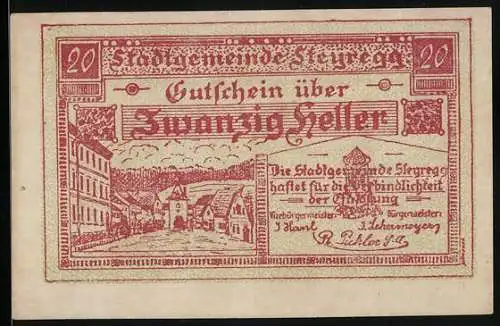 Notgeld Steyregg 1920, 20 Heller, Stadtansicht und Vers auf Rückseite