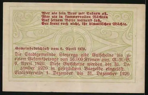 Notgeld Steyregg 1920, 20 Heller, Stadtansicht und Vers auf Rückseite