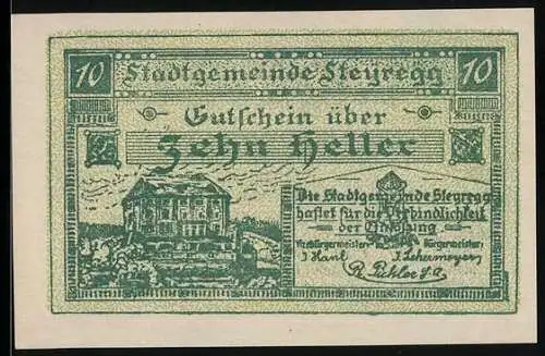 Notgeld Steyregg 1920, 10 Heller, Gebäude mit Landschaftsmotiv und poetische Inschrift