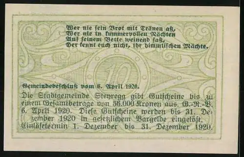 Notgeld Steyregg 1920, 10 Heller, Gebäude mit Landschaftsmotiv und poetische Inschrift