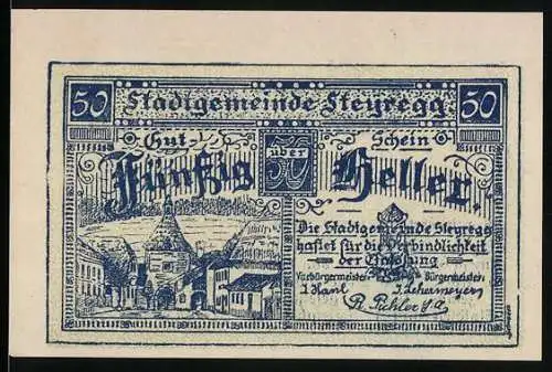 Notgeld Steyregg 1920, 50 Heller, Stadtansicht und dekorative Schriftzüge